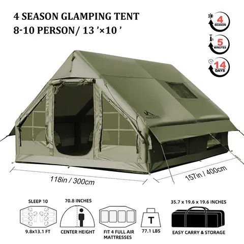 Army Green Inflatable Camping Tent with Chimney Opening and AC Vent,Waterproof Windproof Blow Up Tent House for 8 Person