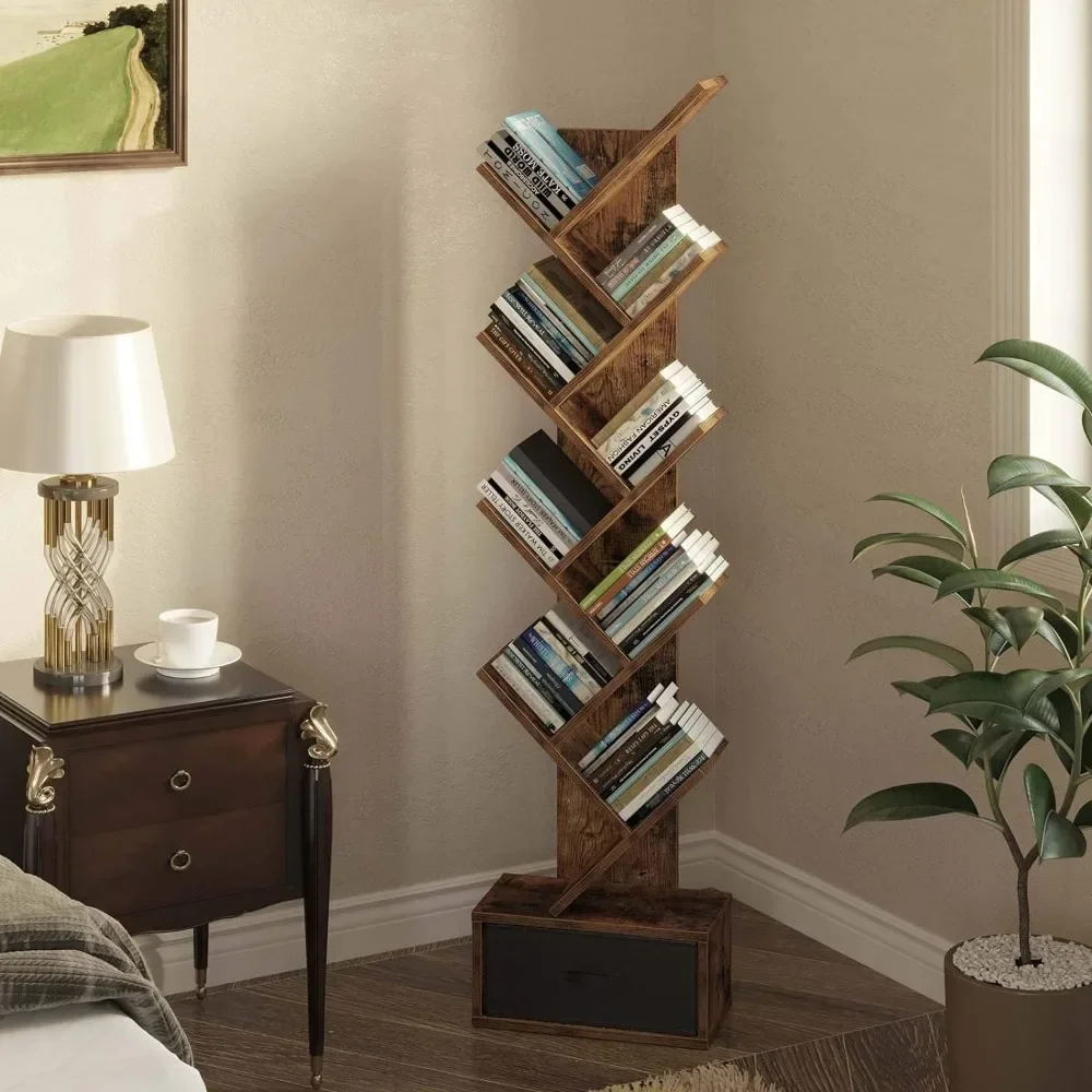 Tree Bookshelf with Drawer, 9-Tier Tree Bookshelf, Wooden Bookshelves Storage Rack, Rustic Brown Bookcase