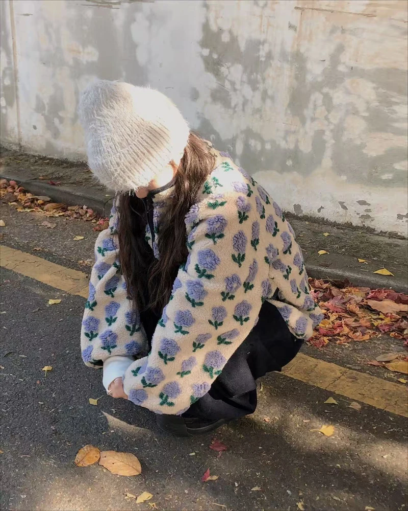 Herbst Winter Koreanische Chic Stil Floral Muster drucken Woolen Jacke frauen Casual Lose Lamm Pelz Koreanischen Stil Warme mantel weibliche