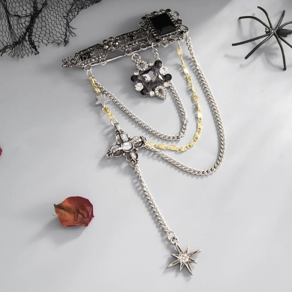 Ornate Multi Layer Cross Brooch Two Tone Metal Black Gem Rhinestone Brooch Exquisite Craft Gothic Design Star Brooch Suit Jacket