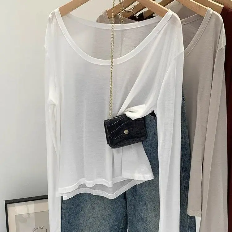 Lacele Semi-skinny Women's T-shirt Summer Moisture-wicking Long Sleeve round Neck Regular Fit Pure Color Inner Wear Top