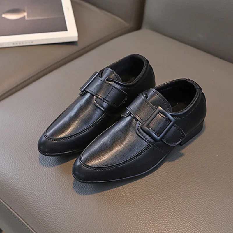 

Boy Leather Shoe Classic Black White Versatile Children's Flats for School Performance Fashion New Kids Uniform Low-heels Shoes