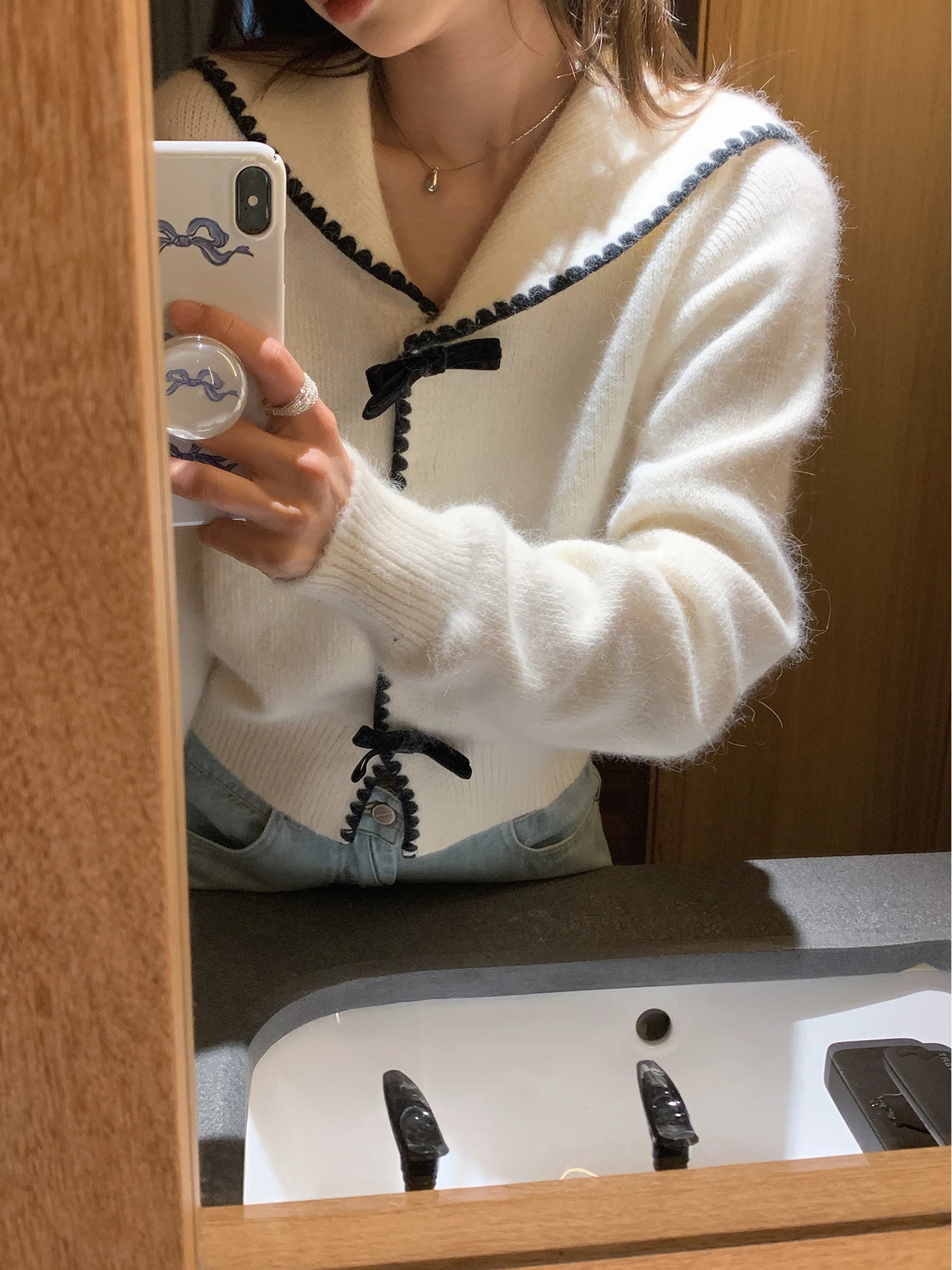 

Vanwenwen Girl Jean Navy Collar Knot Knitted Open Cardigan Women Gentle Sle Versatile Sweater Top French Sle