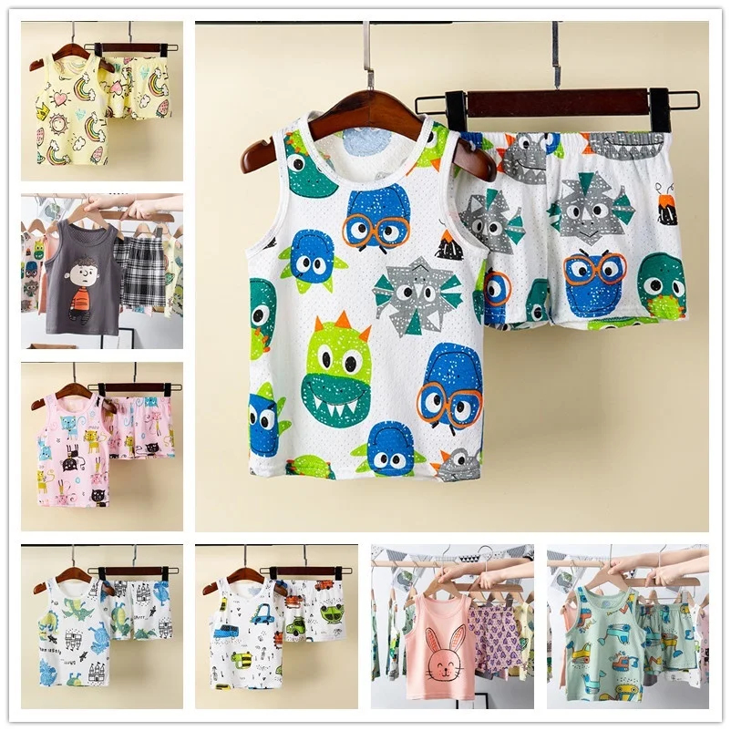 【LF】Kids Summer Vest Set 90-140cm Breathing Cotton Childen Singlet+Shorts Suit Boys Girls Homewear Set for Summer