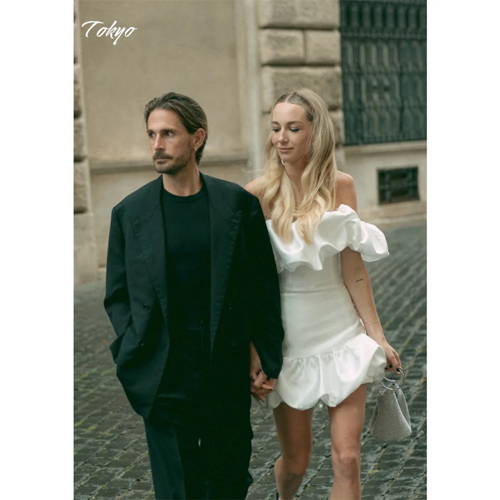 Tóquio personalizado branco fora do ombro vestidos de casamento sem mangas voltar zip cetim vestidos de noiva 2025 elegante mini vestidos de casamento