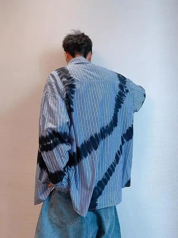 Handsome and versatile trendy men's long-sleeved Hong Kong style handsome autumn splicing color Korean fresh shirt