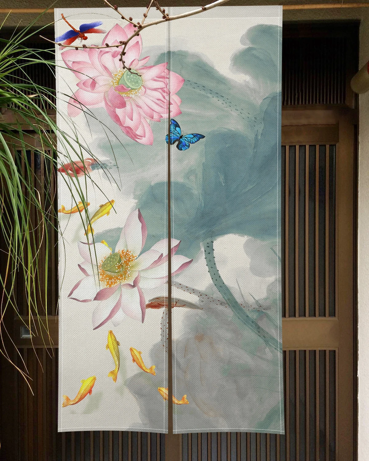 Japanese Noren Door Curtain Lotus Koi Fish Bamboo Pattern for Zen Room Tea House Entrance Decor Bedroom Partition Door Curtains