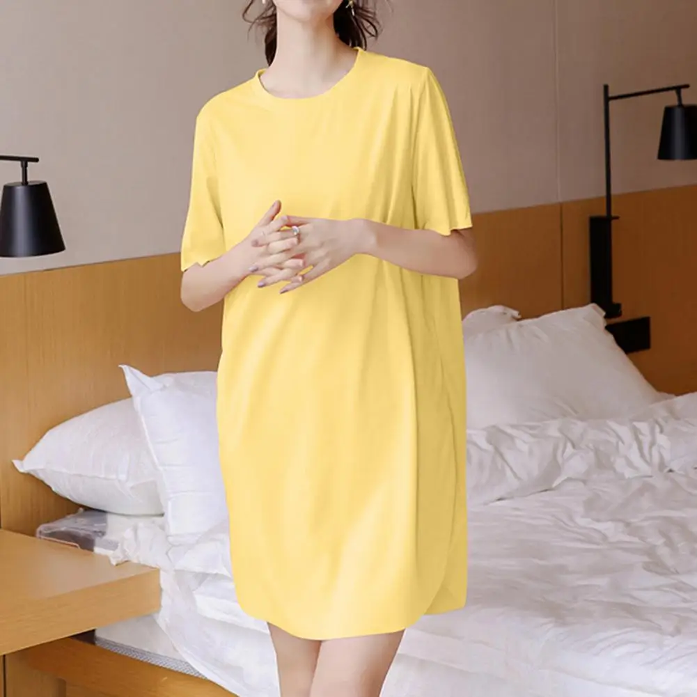 Dress Stylish Knee-length Nightdress Comfortable Ice Silk Clothes for Women Loose Fit Short Sleeves Solid Color Homewear Pajamas