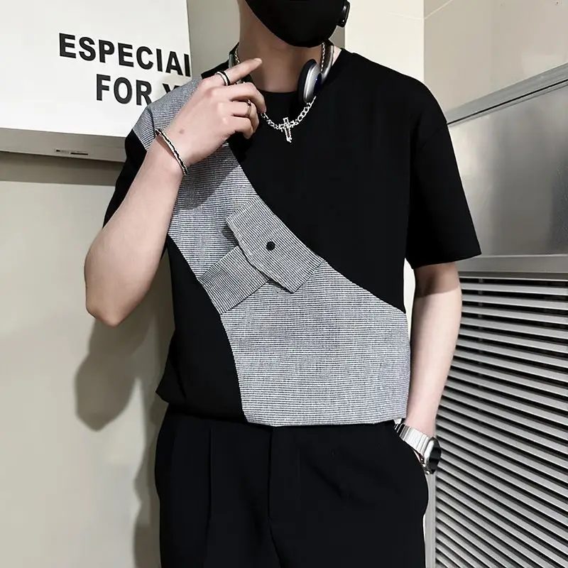 Patched Houndstooth Short Sleeve Men's T-Shirt Summer Lightweight Cool Ice Silk Top