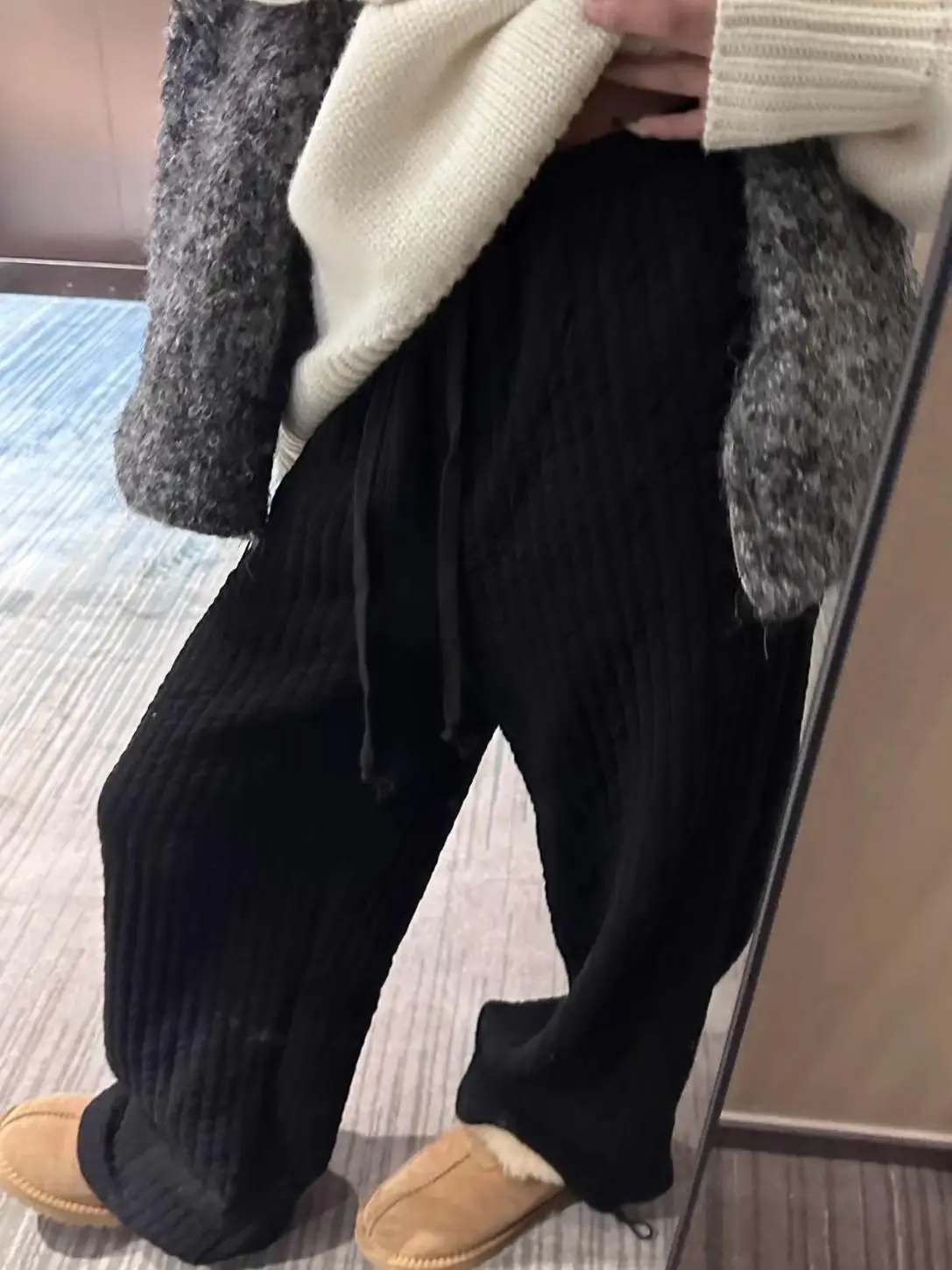 Loose Fit Casual Pants Elastic Waist Quilted Cotton Vertical Stripes Wide Leg Pants Women's Faion Winter Thiened Fce