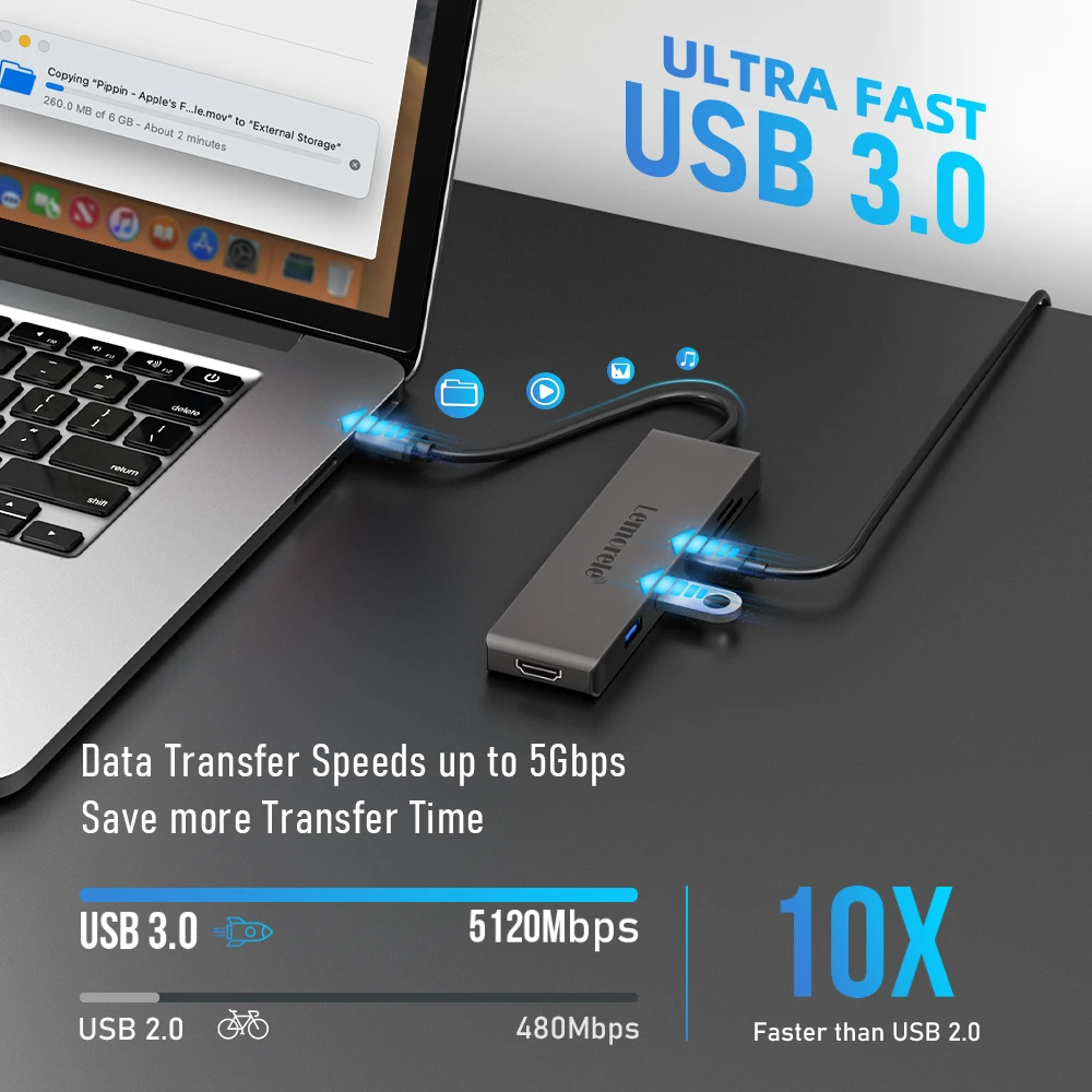 Lemorele 6-em-1 usb c hub tipo c para hdmi 4k 30hz, usb a 3.0 5gbps docking station tf sd 480 mb/s para computador portátil tablet