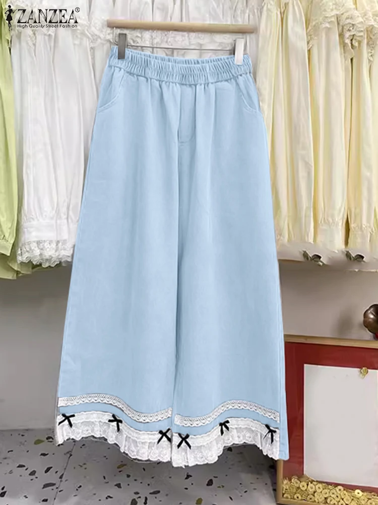 

ZANZEA Casual Loose Trousers Bow Detail Solid Color Elastic Waist Lace Patchwork Pantalon Women's Fashion Commute Wide Leg Pants