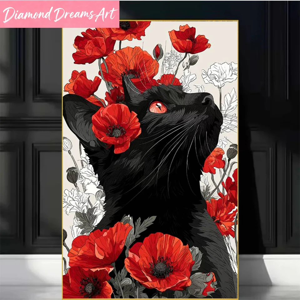 Frameless,DIY Diamond Painting Black Cat Poppy Flower Full S