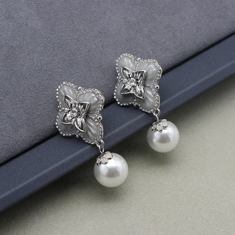 

French Style Ring Earrings Mother-of-pearl Cross Flower Glass Pearl Four-leaf Clover Stud Earrings