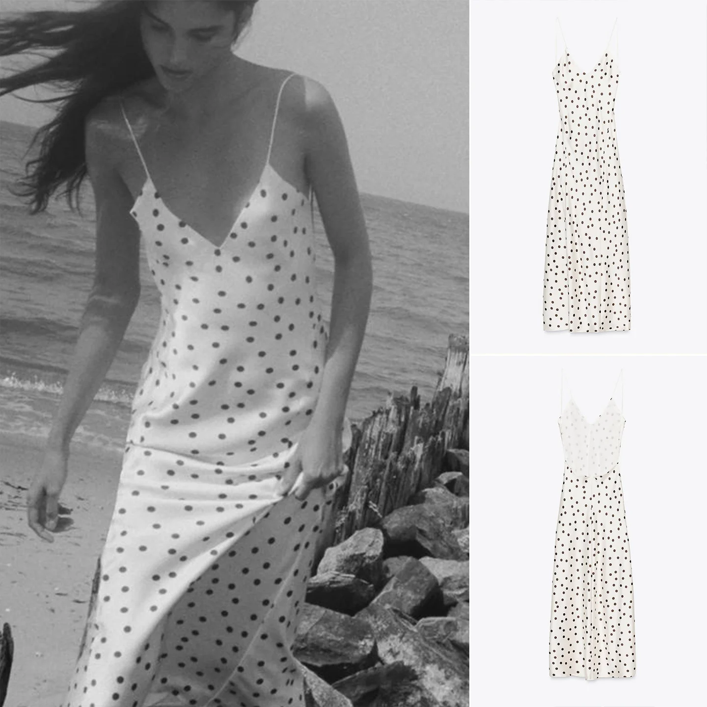 Sommer Damen Bal Splice Design V-Ausschnitt Polka Dot Seidensatin Midi Dr Hohe Taille A-Linie Rock Svel Kleid