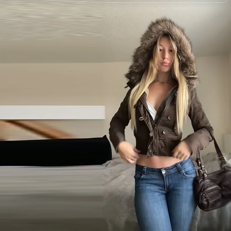 Autumn Winter Vintage Brown Fur Neck Hooded Jacket For Women Long Sleeve Pocket Warm Coat 2025 New Lady High Street Y2k Outwears