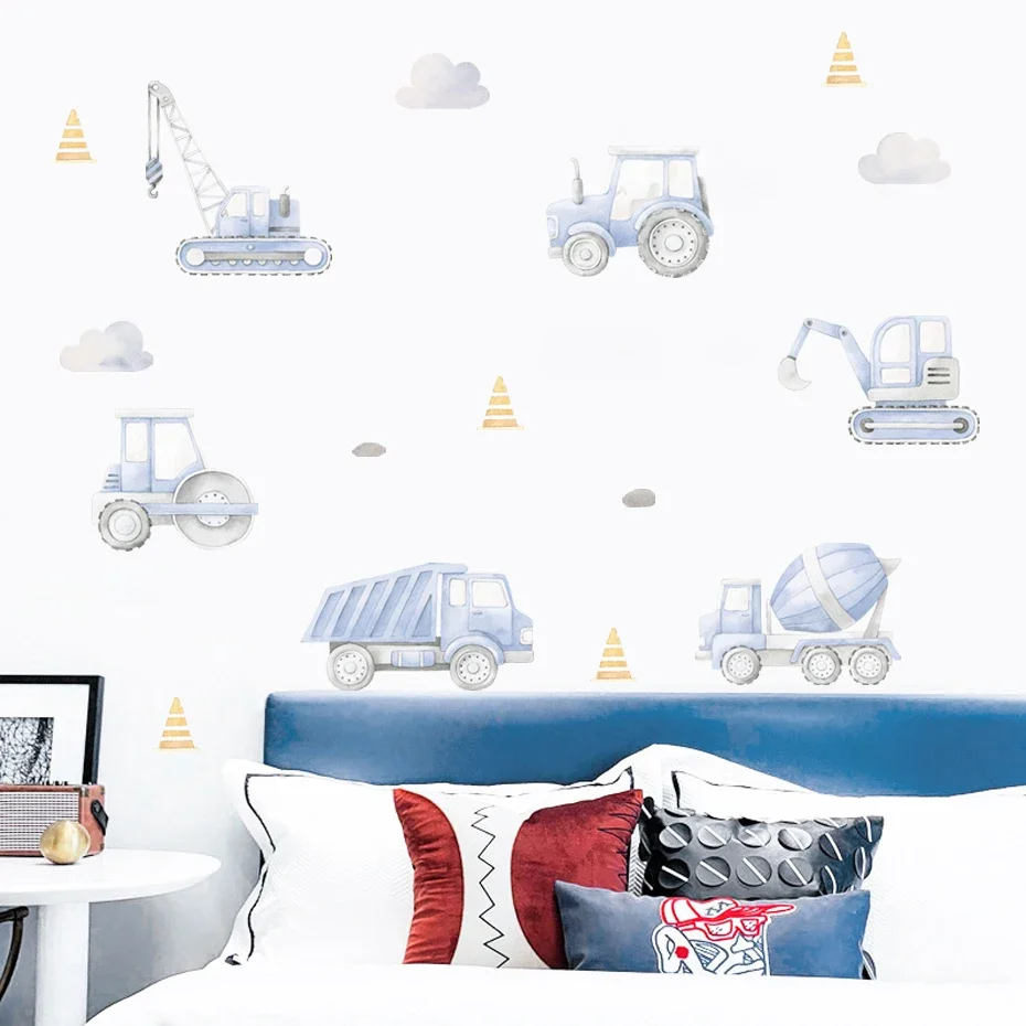 Cartoon Engineering Vehicle Yellow Blue Watercolor Nursery Wall Decals Removable DIY Wall Stickers Boys Room Interior Home Decor