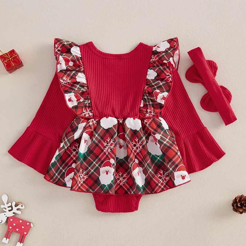 Baby Girl Christmas Outfit Santa Claus Print Plaid Ruffle Long Sleeve Romper Dress Bow Headband 2 Piece Set