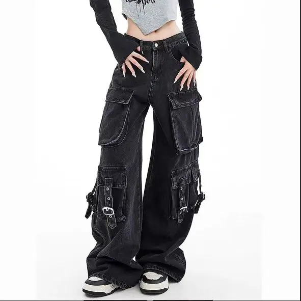 Zwarte Gothic Punk Multi-Pocket Rits Denim Jeans Mannen En Vrouwen Y2K Amerikaanse Baggy Mode Hoge Taille Losse Wijde pijpen Jeans
