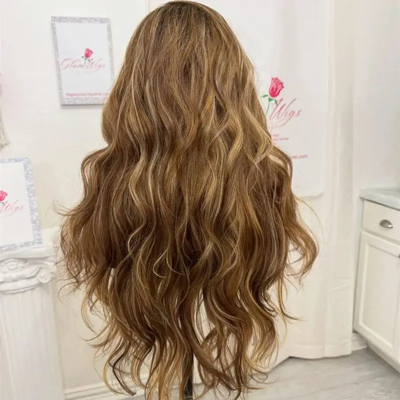 Luxury Women's Wig High Quality Wig Ombre Chestnut Brown Highlights HD Invisible Synthetic Lace Front Wig Soft Long Wave Wig