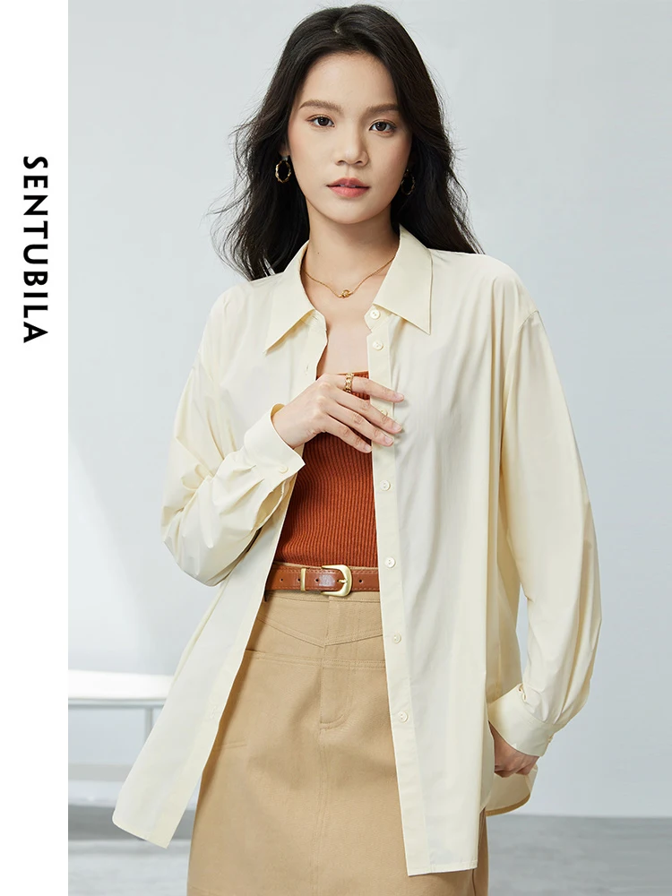

SENTUBILA Simple Polo Collar Long Sleeve Shirt For Women 2024 Spring Summer Solid Button Up Casual Loose Blouse Tops 142C53867