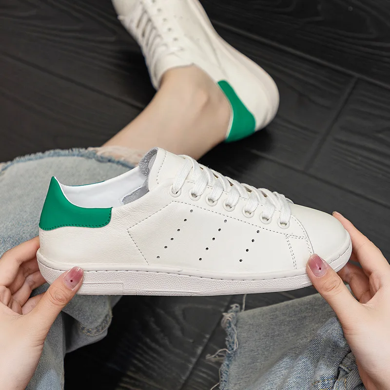 Spring New Shoes for Women Genuine Leather Casual Shoes Girl White Flat Skateboard Shoes Lace-up Sneaker