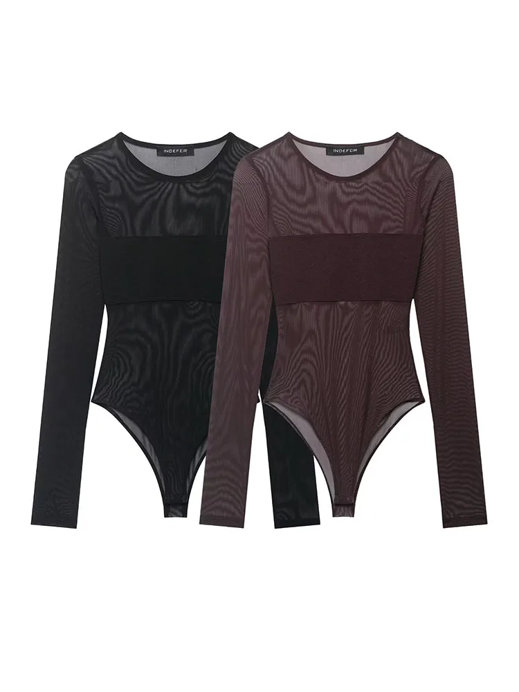 

Женский модный комбинезон HH 2026: весенний, с длинными рукавами, короткий, из полупрозрачного тюля с пэчворком, сексуальный, с круглым вырезом, облегающий, элегантный