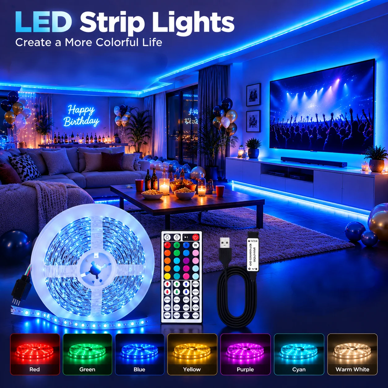 44 Key IR Remote RGB LED Strip Light, USB Powered, Multi Scene Lighting, Bedroom, Game Room, Christmas Home Decor