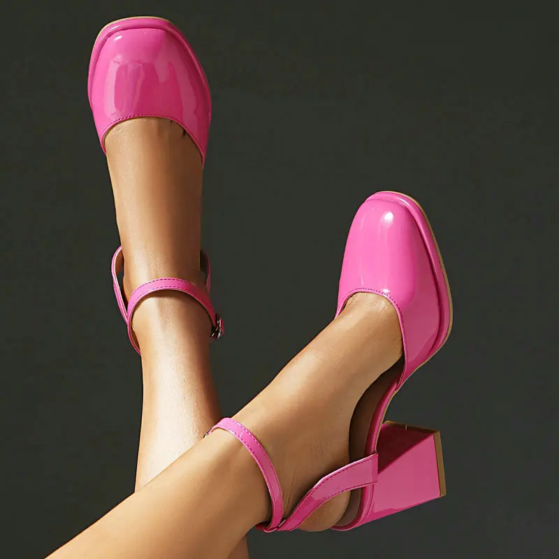 Patent Leather PU Bright Pink White Closed Toe Summer Mary Janes Sexy Dress Pumps For Women Chunky High Heels Designer Sandals