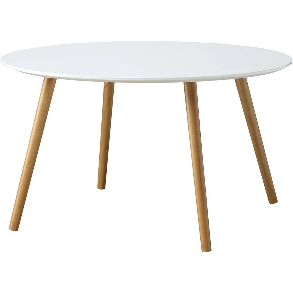 

Oslo Round Coffee Table – Mid-Century Modern Minimalist Design, Glossy White Top, Solid Wood Legs, Easy 2-S
