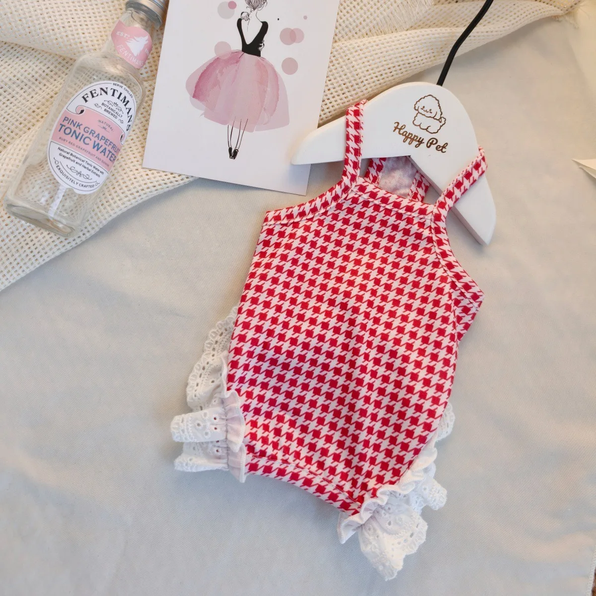 Cute Style Pet Bag Belly Clothes Four Legged Checkered Printed Dog Clothes Cat and Puppy Home Jumpsuit