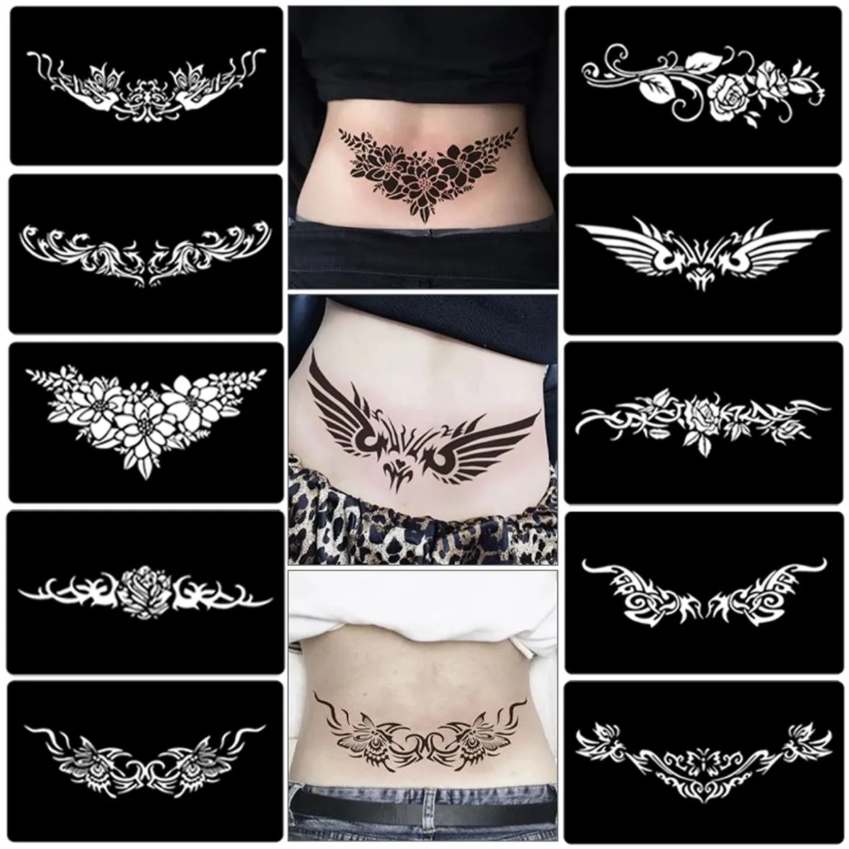 Waist Tattoo Template for Men and Women, Long Strip Back Chest Flower Collarbone Tattoo, Semi-Permanent Juice Pattern, Henna Hollow Spray Body Painting Tattoo Template