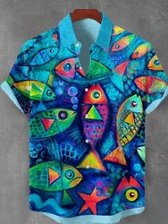 Fashion Men's Casual Sea Life Graphic Short Sleeve Shirts Button Down Lapel Shirts Oversized Tops Casual Hawaiian Shirt for Men