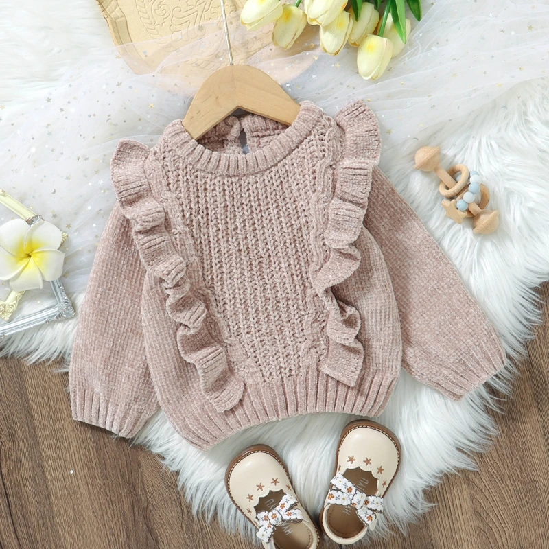 Suefunskry Baby Girl Sweater, Long Sleeve Crew Neck Frills Solid Color Winter Warm Knitted Pullover Tops Infant Knitwear Clothes