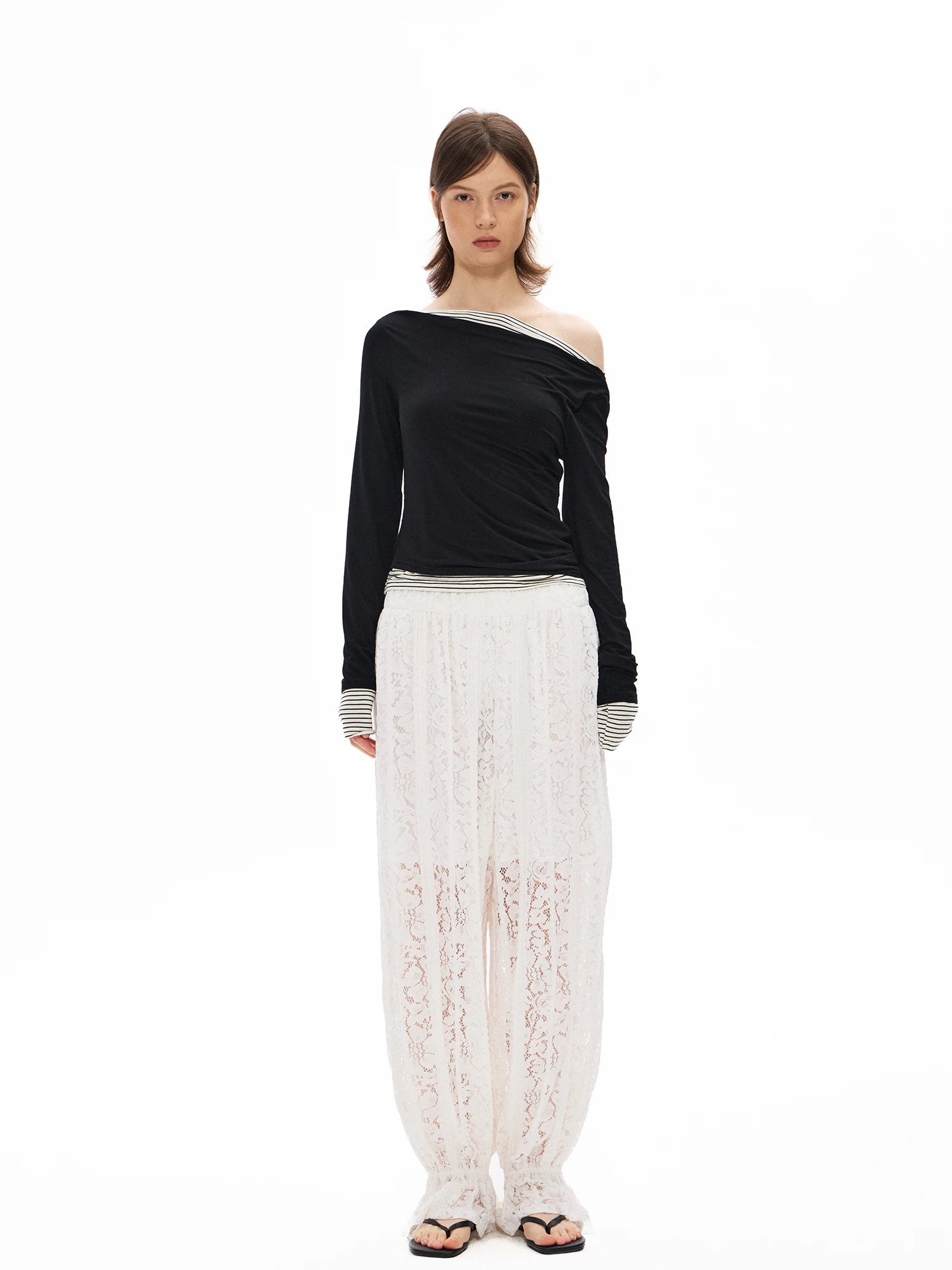 

Женские повседневные брюки Furifuri с эластичным поясом, кружевной отделкой, свободного кроя, с цветочным принтом, летние 2026, из нейлоново-хлопковой смеси