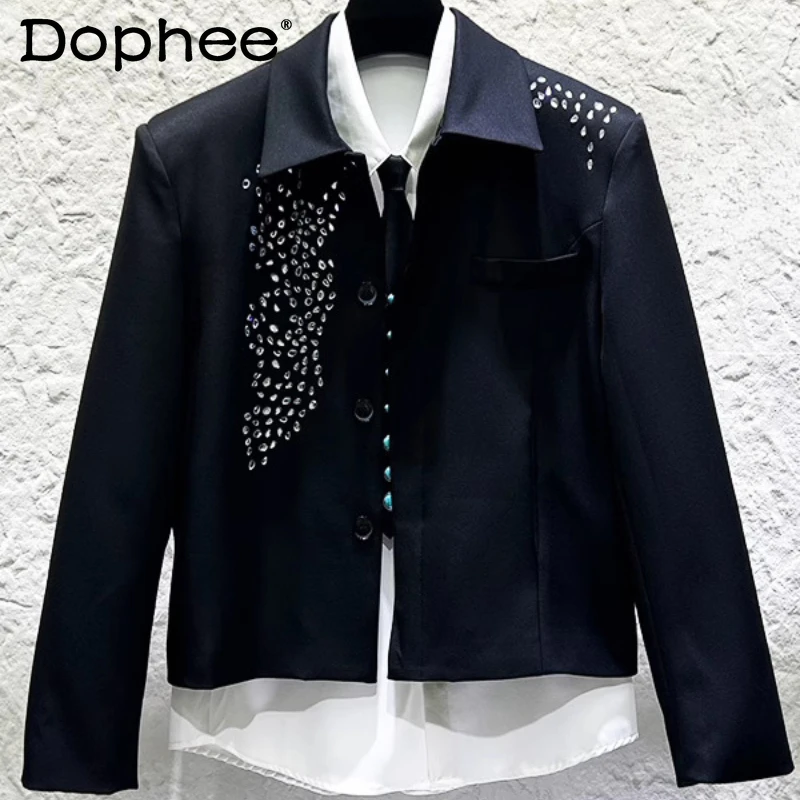 

2025 Men's Autumn New Rhinestone Lapel Jackets Men's Personality Trendy Versatile Padded Shoulder Coats Handsome Diamond Tops
