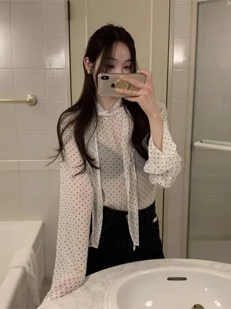 

Chic Spring Polka Dot irt Women's Loose Thin Chiffon Top with Tie Stand Collar Transparent Long Sve Office Sle