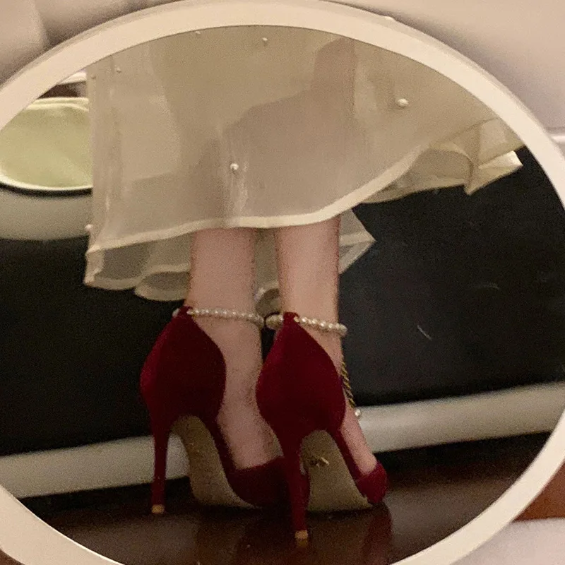 Pointed Suede Pearl High Heels for women, Slim Heels For Adults, Gift Pack Head Sandals For Brides, Xiuhe Wine Red Wedding Shoes