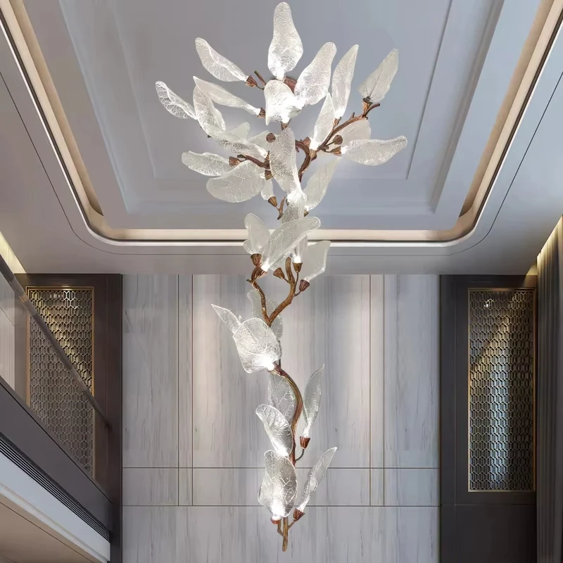 

Luxury Resin Leaf Ceiling Chandelier for Staircase Vila Hotel Copper Leaf Pendant Chandelier Living Room Ceiling Lamp Restaurant