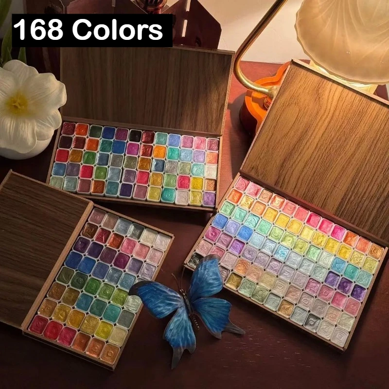 168/84 Colors Pearl Solid Water Color Paint Set With Wood Box Portable Watercolor Painting Stationery School Art Supplies