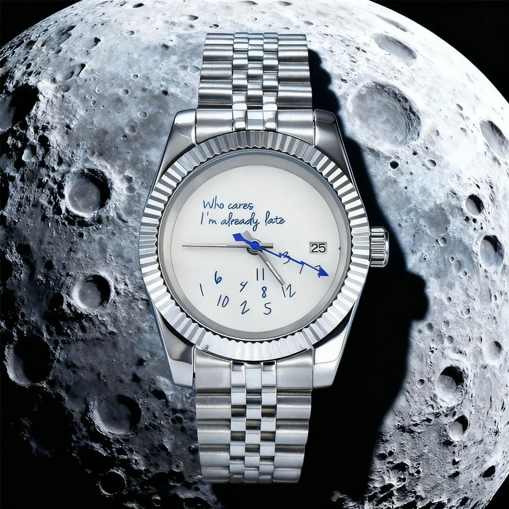 Custom 39mm men watch NH35 movement automatic mechanical watch "Who Cares I'm already Late" sapphire glass stainless steel strap