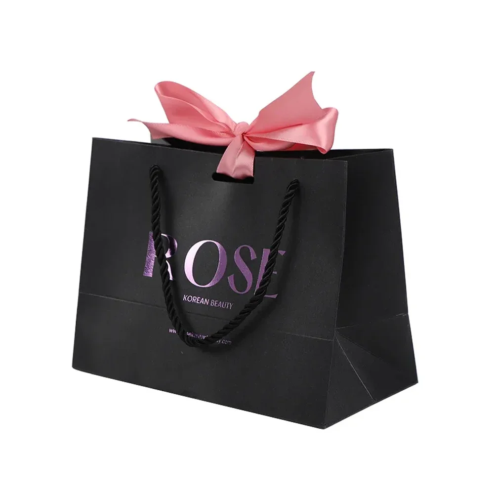 Black Ribbon-Handle Euro Totes Paper Bags Foil Logo Custom Printed Made Luxury Shopping Bag