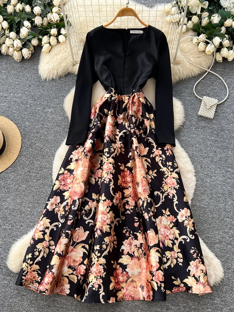 

Retro Floral Print Long Sve Women's Dr Commute Slim Fit V-Ne Waist Cinch Slim A-Line Maxi Dr High-End Feeling