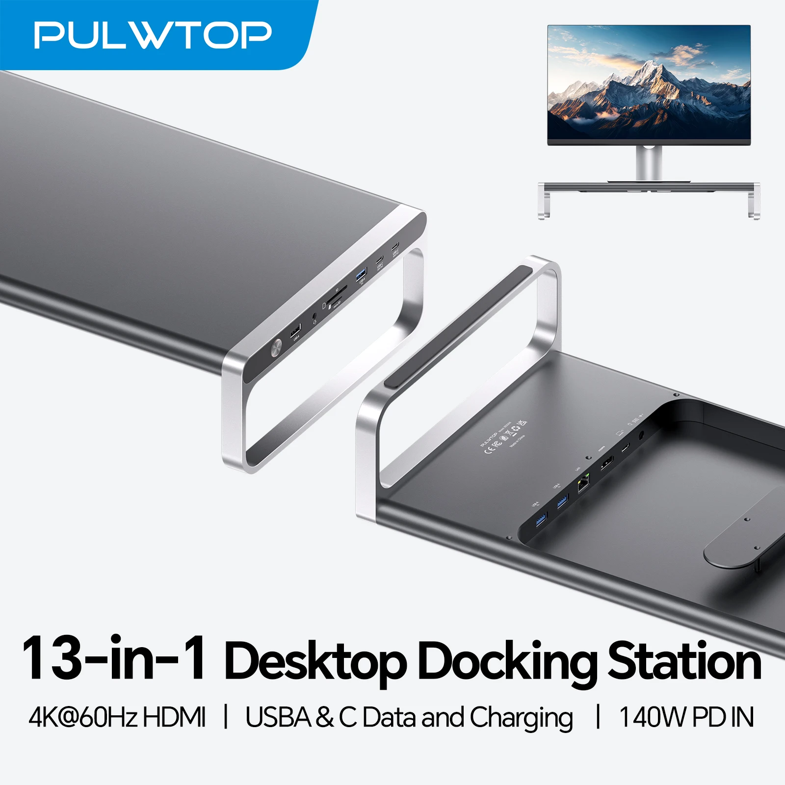 

PULWTOP 13-in-1 USB-C Docking Station Stand With USB-A/C Ports, 4K60Hz , SD/TF Card Slots, Ethernet