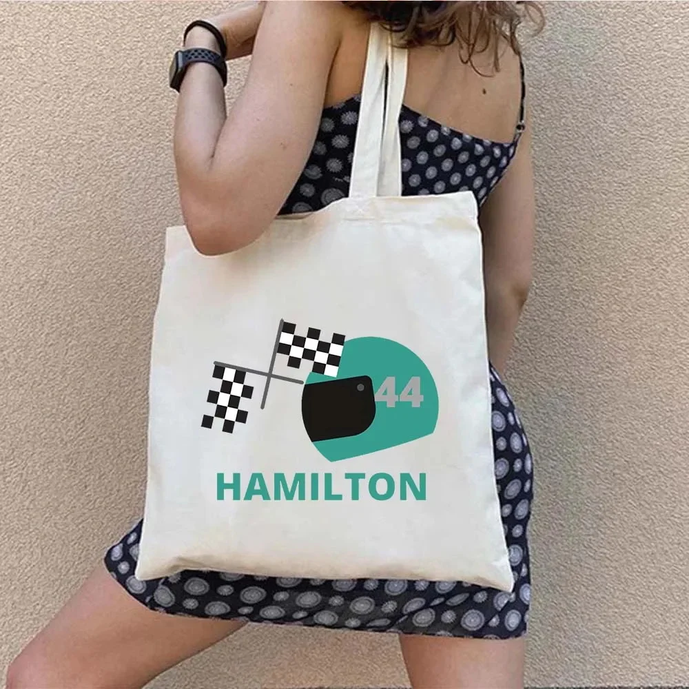 F1 Lewis Hamilton 44 Pride Helmet Print Shopper Canvas Vintage Tote Bag Formula Racing Racer Sport Car UK Flag Shoulder Handbag