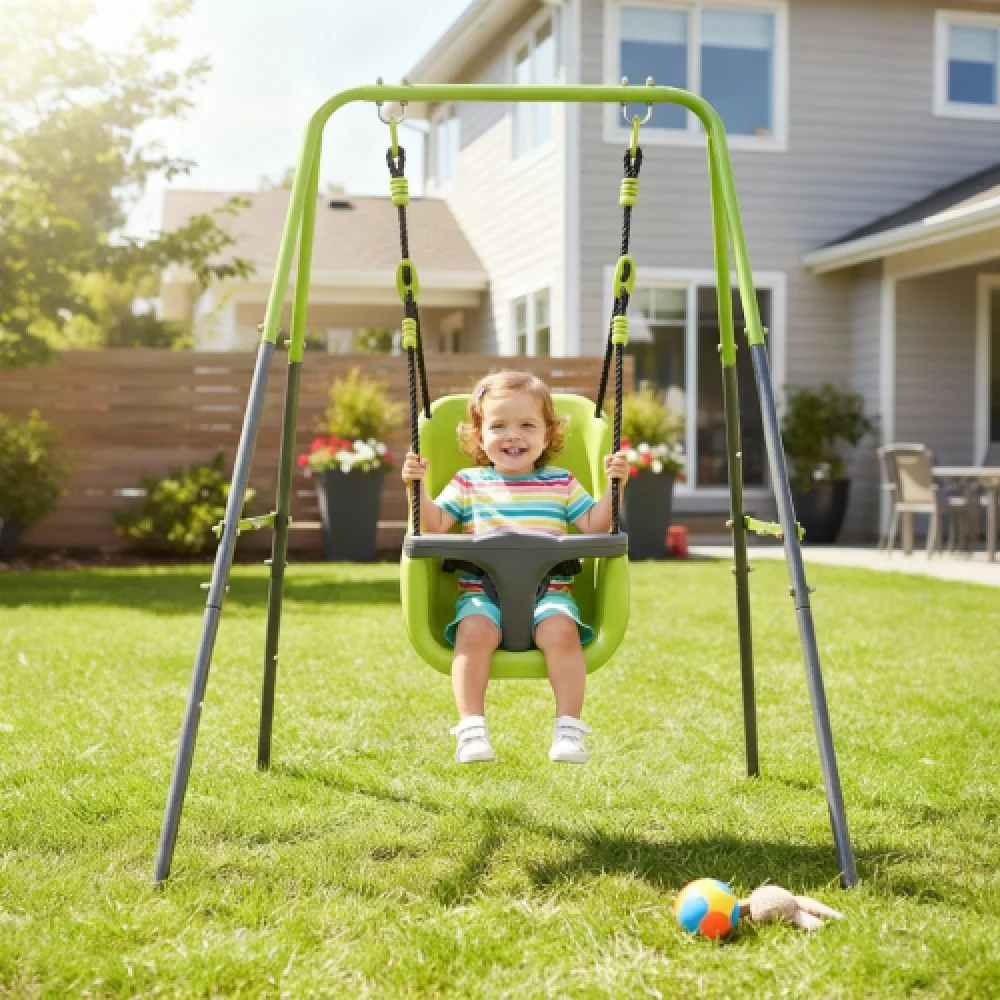 Columpio para Niños Pequeños con Soporte, Columpio para Bebés de Interior y Exterior con Arnés de Seguridad, Marco Metálico Plegable para Jugar en el Patio Trasero