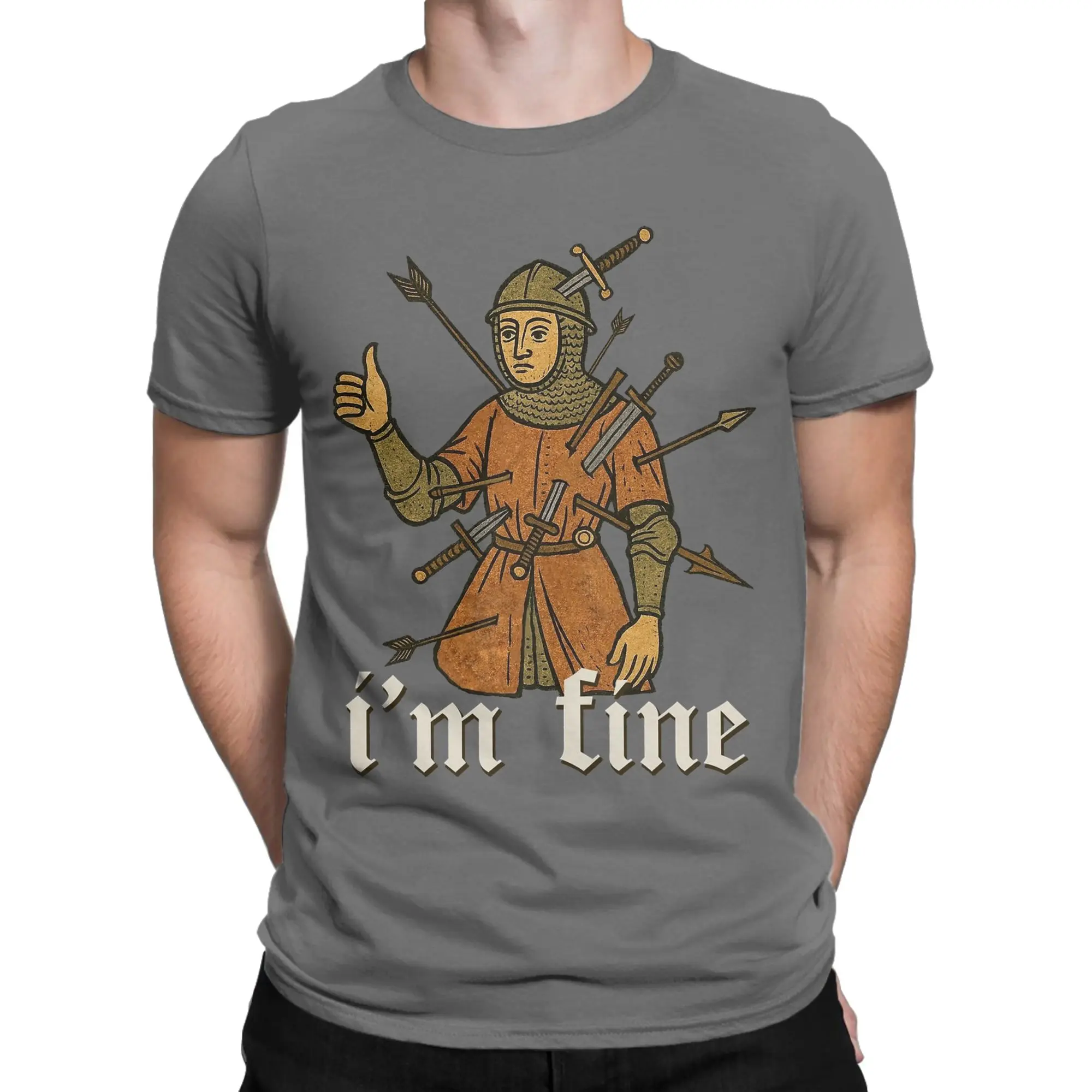 Men I'm Fine Medieval Soldier Art T Shirt Funny 100% Cotton Clothing Fun Short Sleeve Round Neck Tees Birthday Present T-Shirts