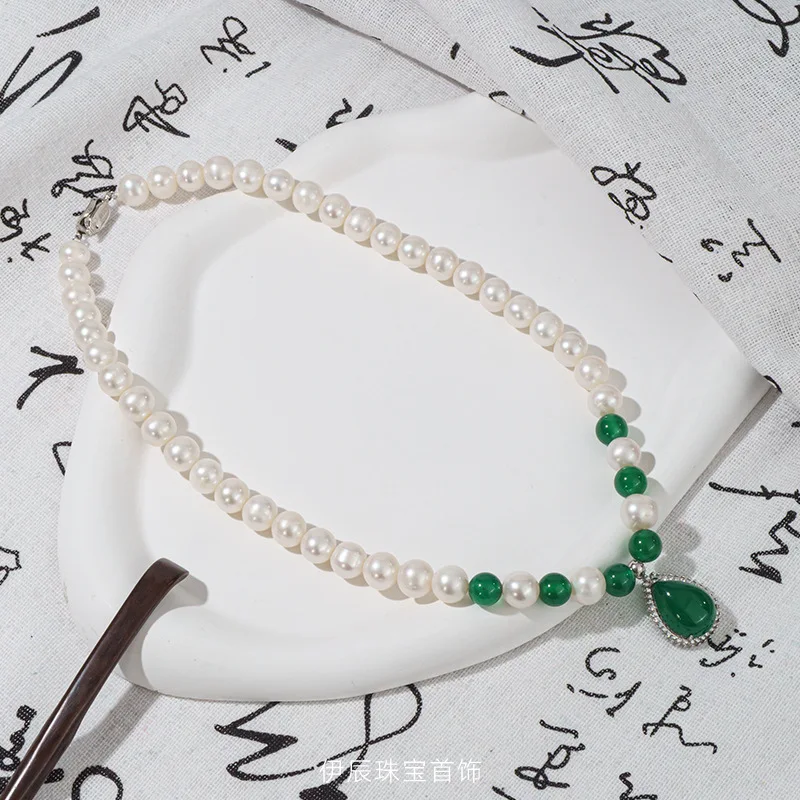 

Natural Freshwater Pearl Necklace Chalcedony Pendant 925 Silver