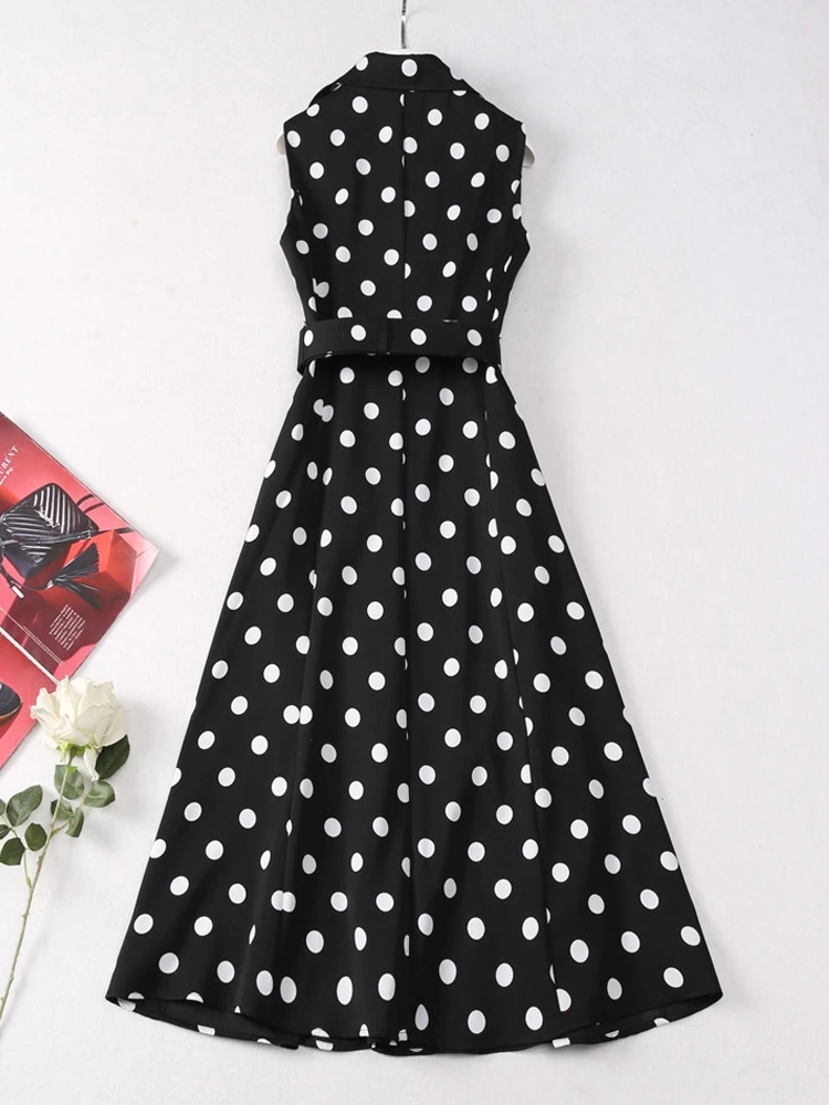 AELESEEN Elegant Long Dress Women Summer Sleeveless Turn-down Collar Classic Dots Print Singe-breasted Belt Casual Party