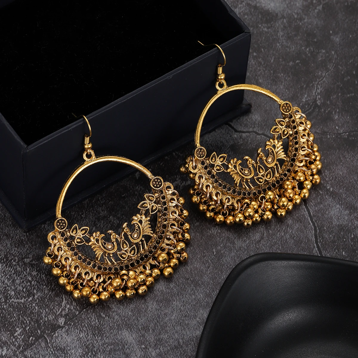 Ethnic Vintage Big Round Drop Earrings for Women Antique Gold Color Peacock Carving Tassel Earrings Piercing Indian Jewelry Gift